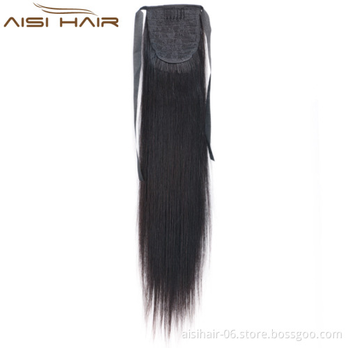 Aisi Hair 16 Inch Brazilian  Human Hair Ponytail Human Hair Ribbon Straight Ponytail Extensions for Black Women